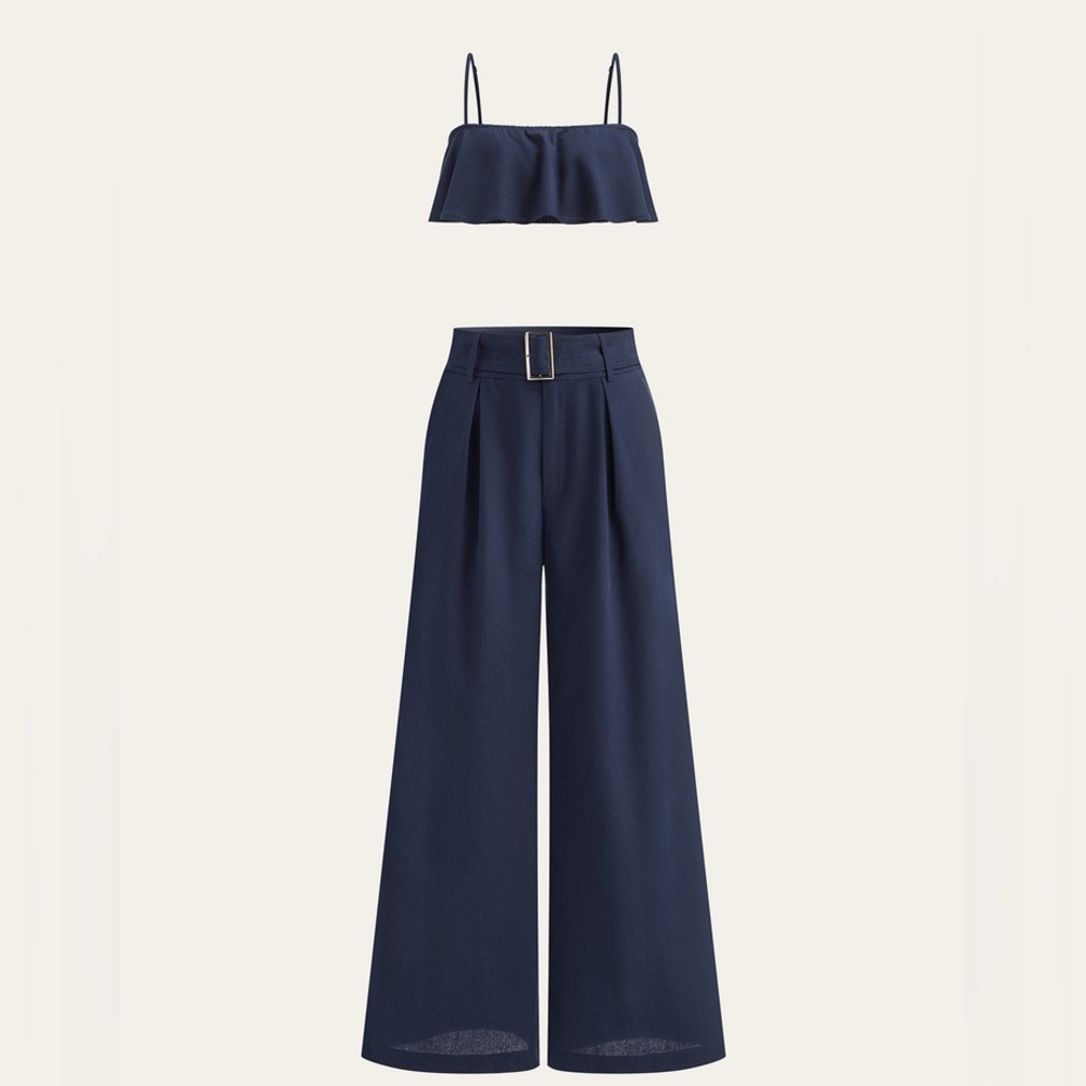 Navy 2 piece set  Wide-Leg Pants Set‎ Linen Blend Large